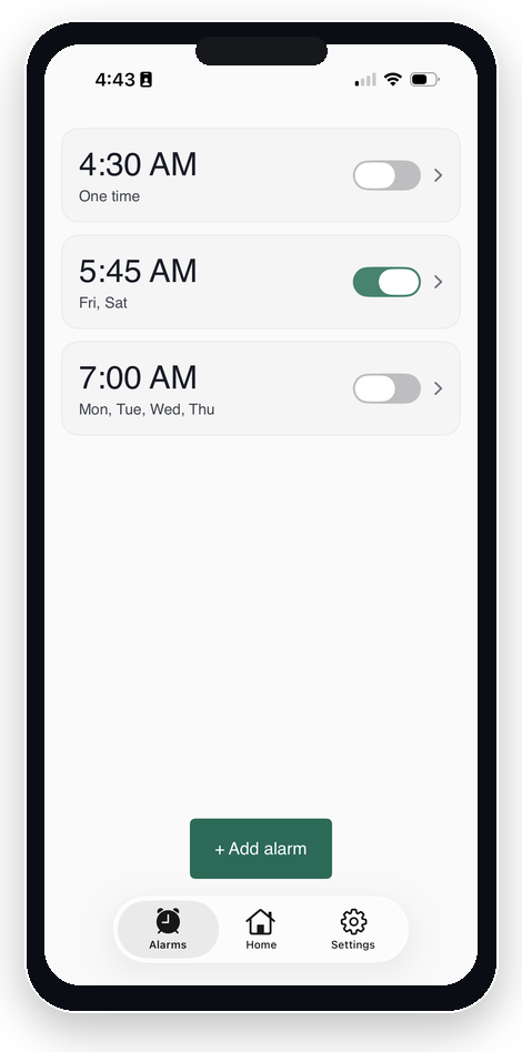 Diem Alarm App alarm list with scheduled morning alarms