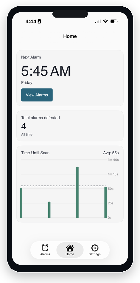 Diem Alarm App home screen showing the next alarm and scan progress