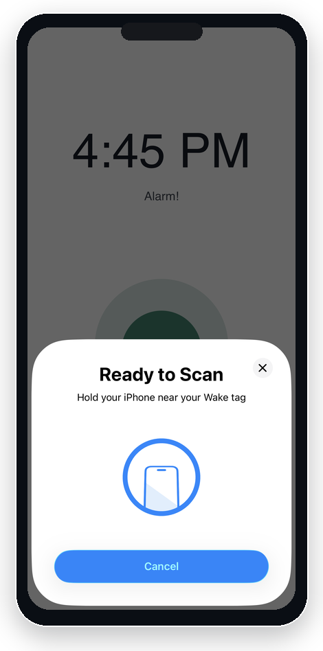 Diem Alarm App screen prompting the user to scan the Diem Block
