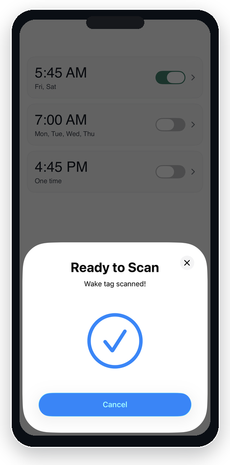 Diem Alarm App confirmation screen after the Diem Block is scanned
