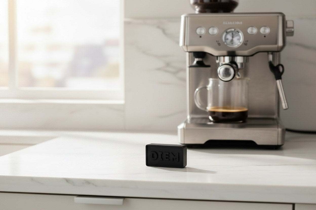 Diem Block on a kitchen counter with an espresso machine in the background